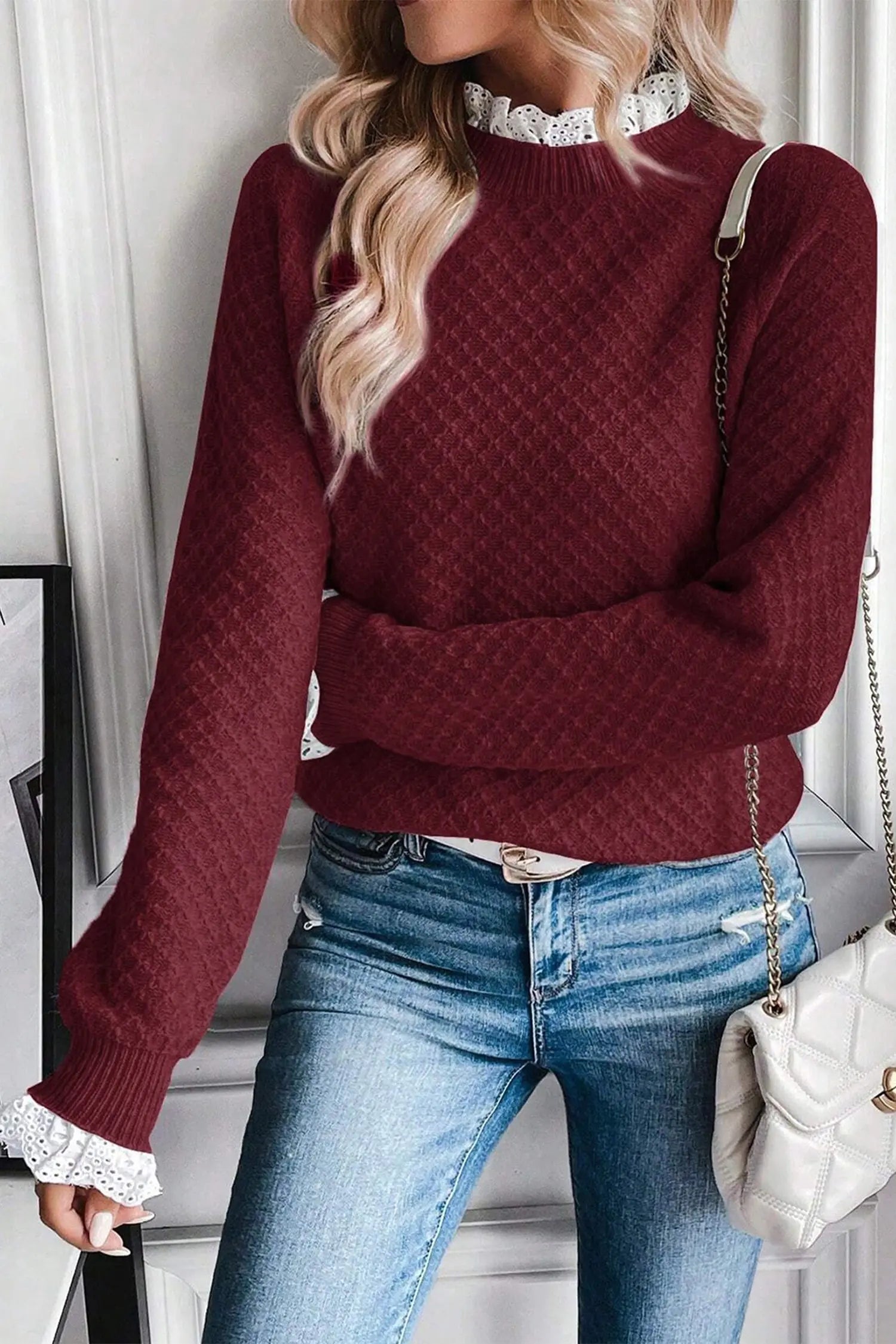 Burgundy Contrast Lace Frilled Trim Raglan Sleeve Sweater Dear-Lover Dropshipping