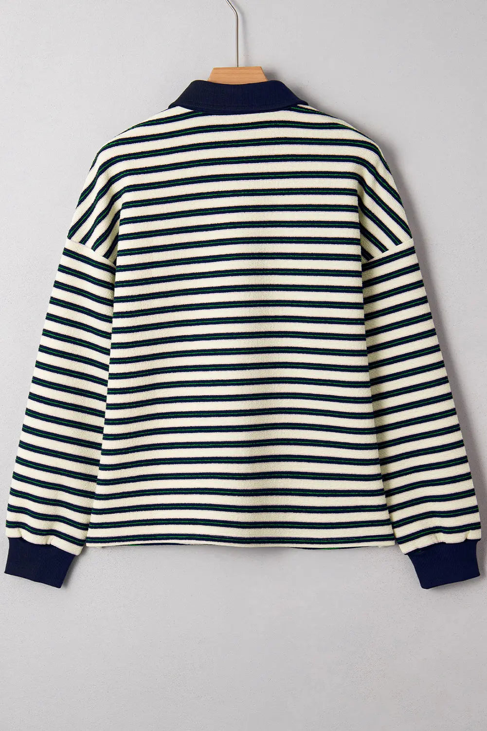 Navy Blue Striped Print Contrast Collar Zip V Neck Long Sleeve Top Dear-Lover Dropshipping