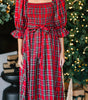 Red Tartan Plaid Square Neck Puff Sleeve Knot Waist Flared Midi Dress Markonline