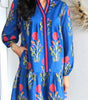 Sky Blue Floral Print Contrast Striped Trim Notched Neck Long Sleeve Dress Markonline