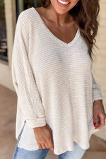 White Waffle Knit Side Slits Loose Fit V Neck Top Dear-Lover Dropshipping