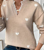Smoke Gray Heart Print Lace Splicing V Neck Valentines Sweater Dear-Lover Dropshipping