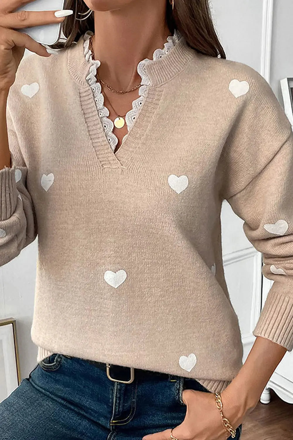 Smoke Gray Heart Print Lace Splicing V Neck Valentines Sweater Dear-Lover Dropshipping