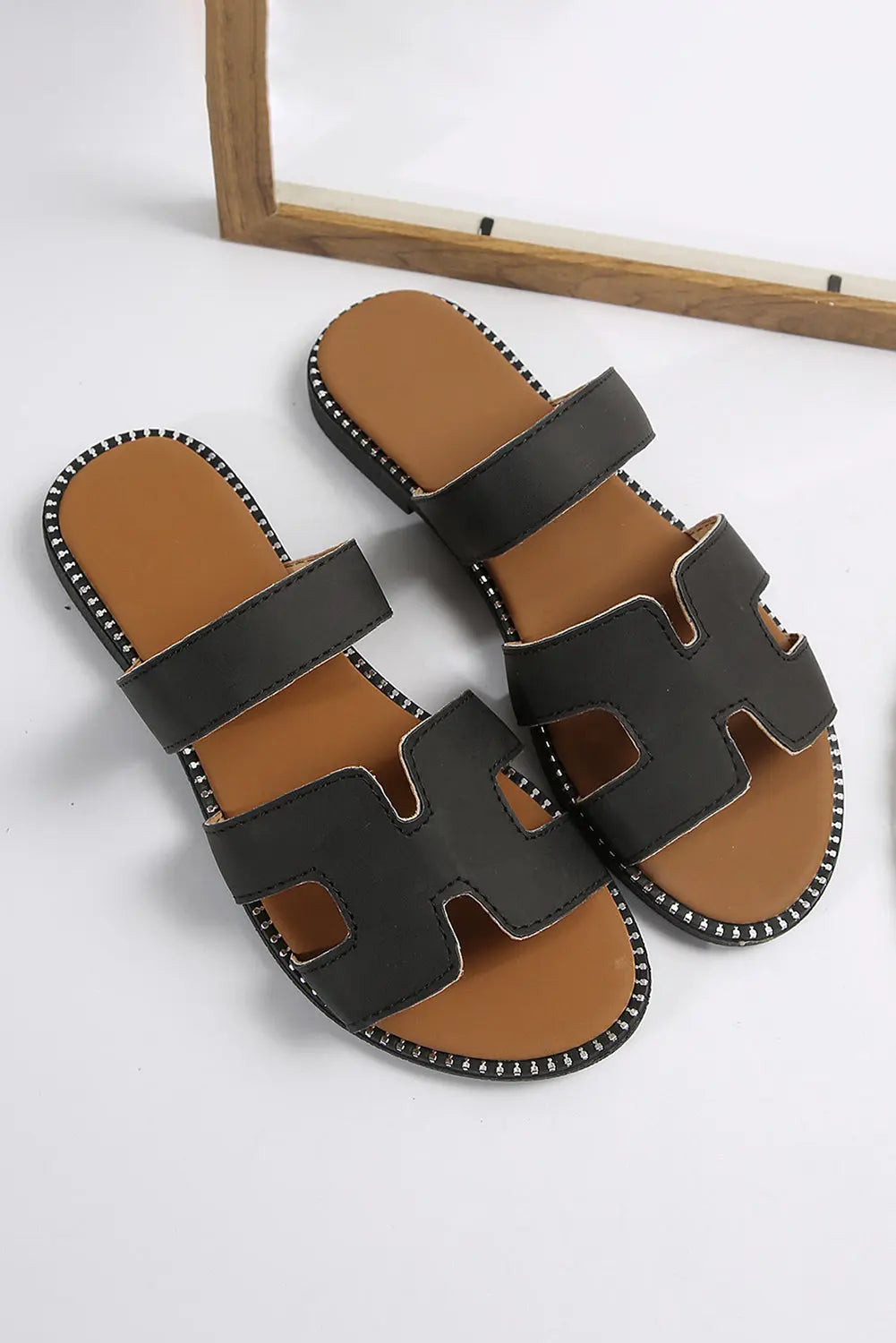 Black Cut Out H Shape Band PU Leather Slippers Dear-Lover Dropshipping
