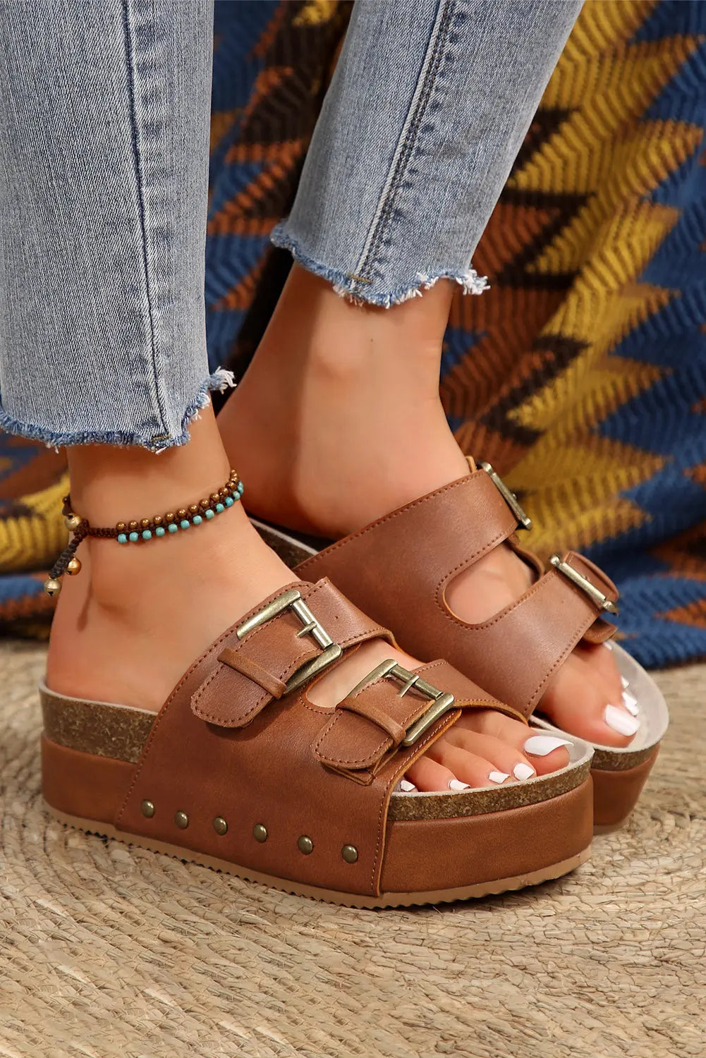 Chestnut Dual Buckle Studded Platform Sandal Slippers Dear-Lover Dropshipping
