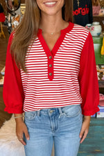 Red Stripe Half Placket V Neck Contrast 3/4 Sleeve Patchwork Top Dear-Lover Dropshipping