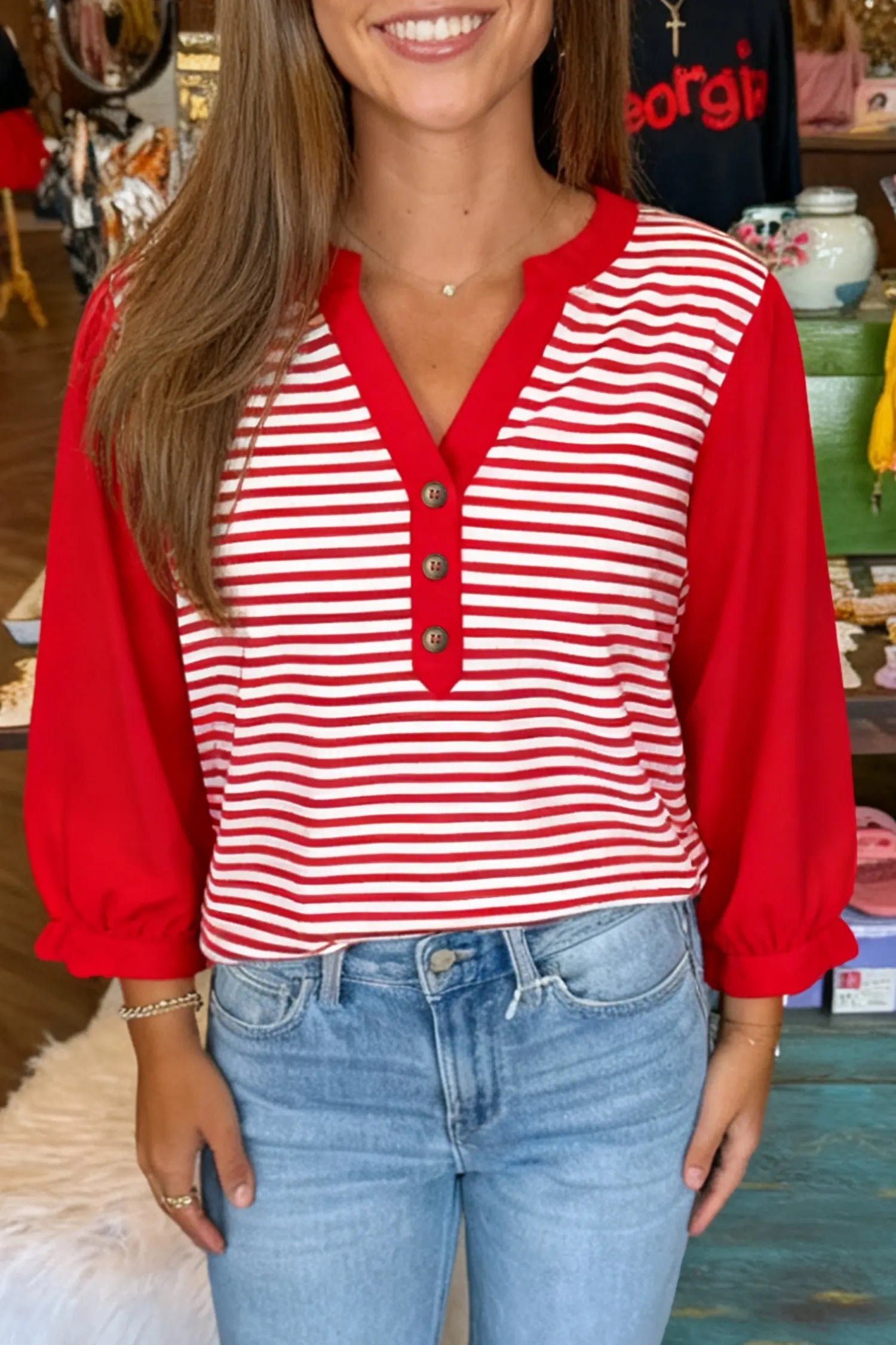Red Stripe Half Placket V Neck Contrast 3/4 Sleeve Patchwork Top Dear-Lover Dropshipping