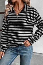 Black Stripe Textured Quarter Zip Collar Long Sleeve Top Dear-Lover Dropshipping