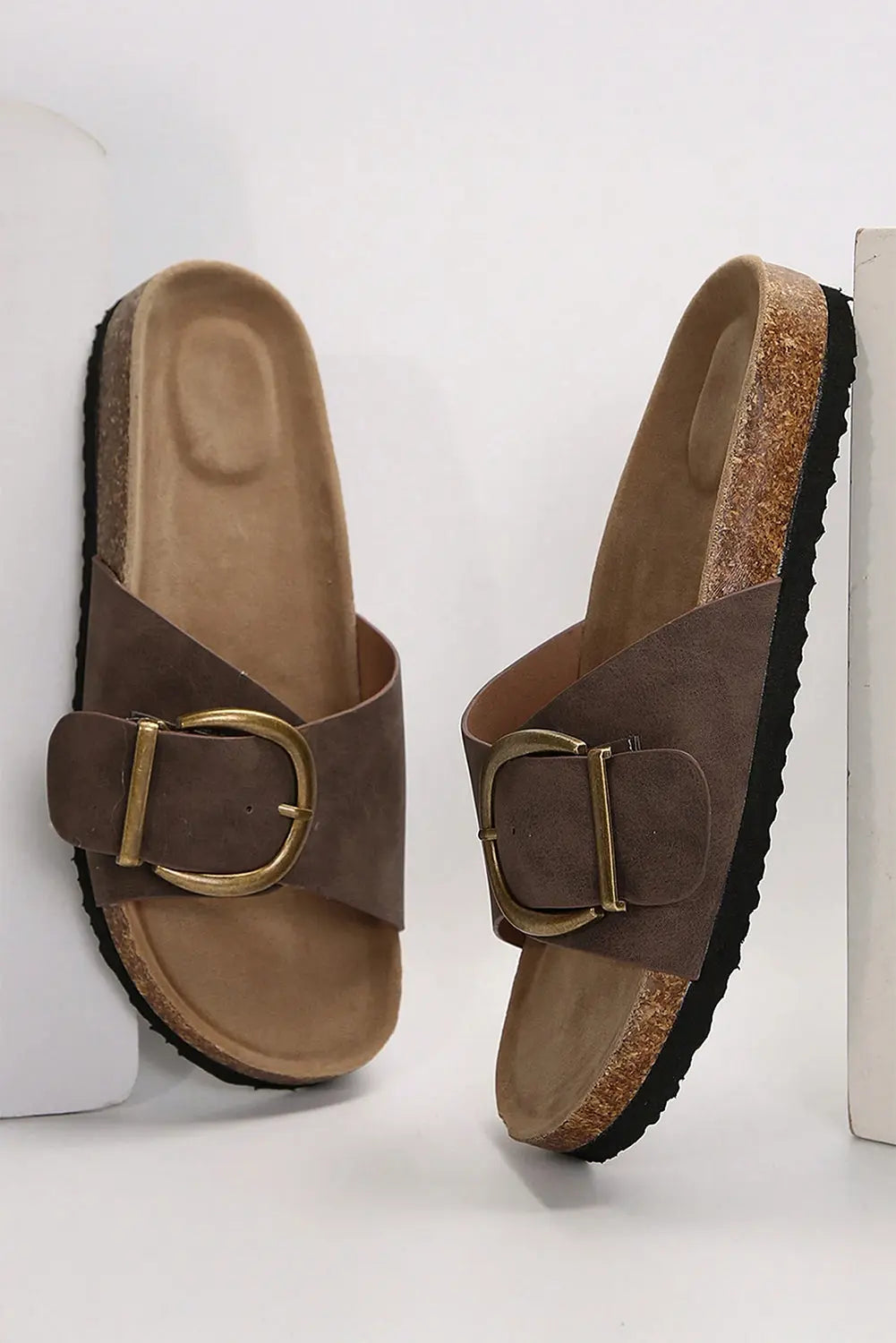 Coffee Buckle Decor Faux Suede Thick Sole Slippers Dear-Lover Dropshipping