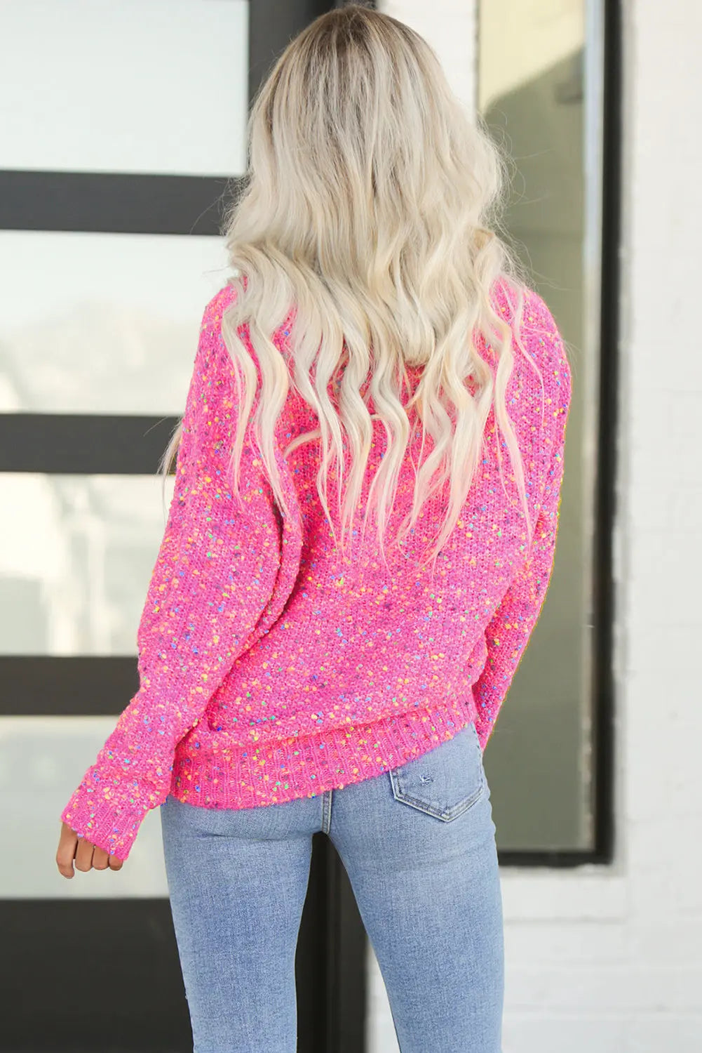 Dark Pink Colorful Spots Knitted V Neck Casual Sweater Dear-Lover Dropshipping