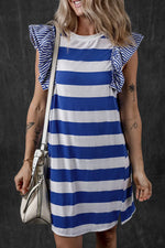 Sky Blue Stripe Contrast Ruffled Sleeve T-shirt Dress Markonline