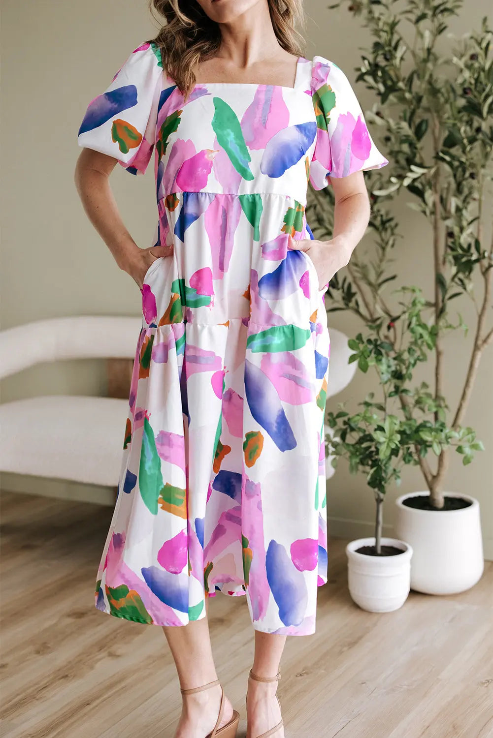 Purple Abstract Print Puff Sleeve Smocked Back Midi Dress Markonline