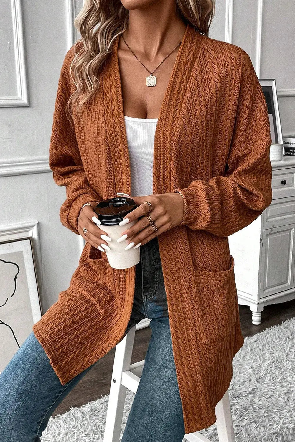 Chestnut Textured Knit Side Pockets Open Front Cardigan Dear-Lover Dropshipping