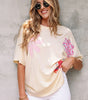 Apricot Flower Patched Exposed Stitching Trim Crew Neck Loose Tee Markonline