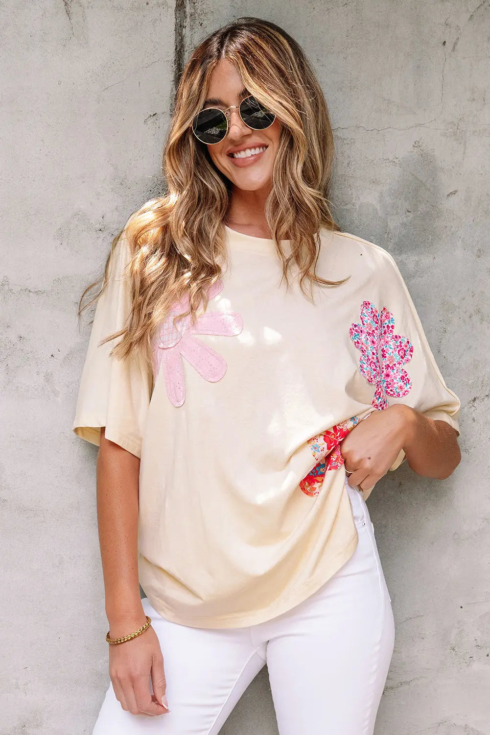Apricot Flower Patched Exposed Stitching Trim Crew Neck Loose Tee Markonline