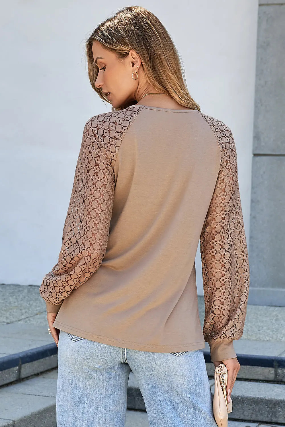 Parchment Lace Patchwork Long Raglan Sleeve Pleated Top Dear-Lover Dropshipping