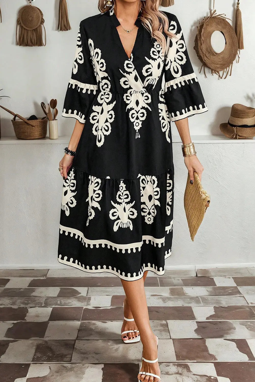 Black Western Geometric Print 3/4 Sleeve Loose Midi Dress Markonline