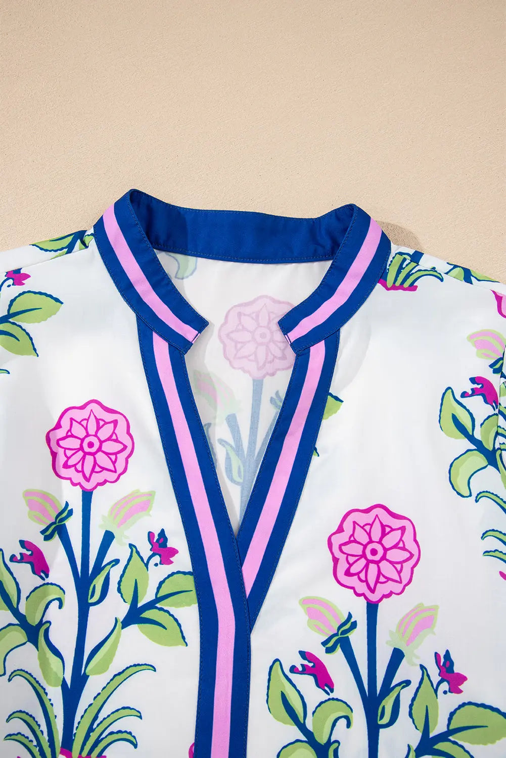 White Floral Print Contrast Striped Trim Notched Neck Long Sleeve Dress Markonline