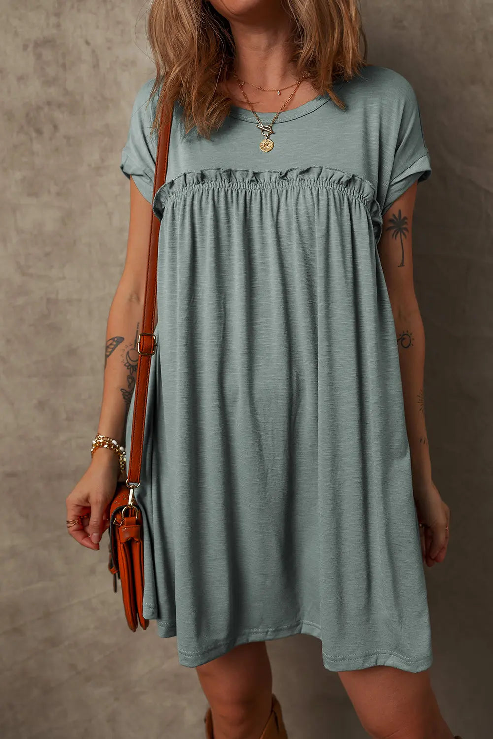 Mist Green Frilled Gathered Seam Round Neck T Shirt Dress Markonline