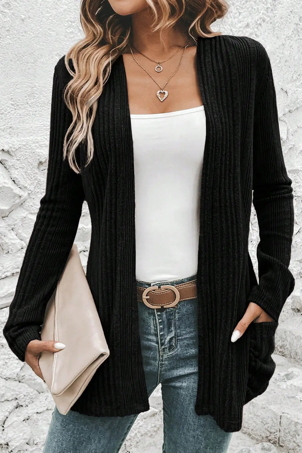 Black Ribbed Open Front Knitted Top with Pockets Dear-Lover Dropshipping
