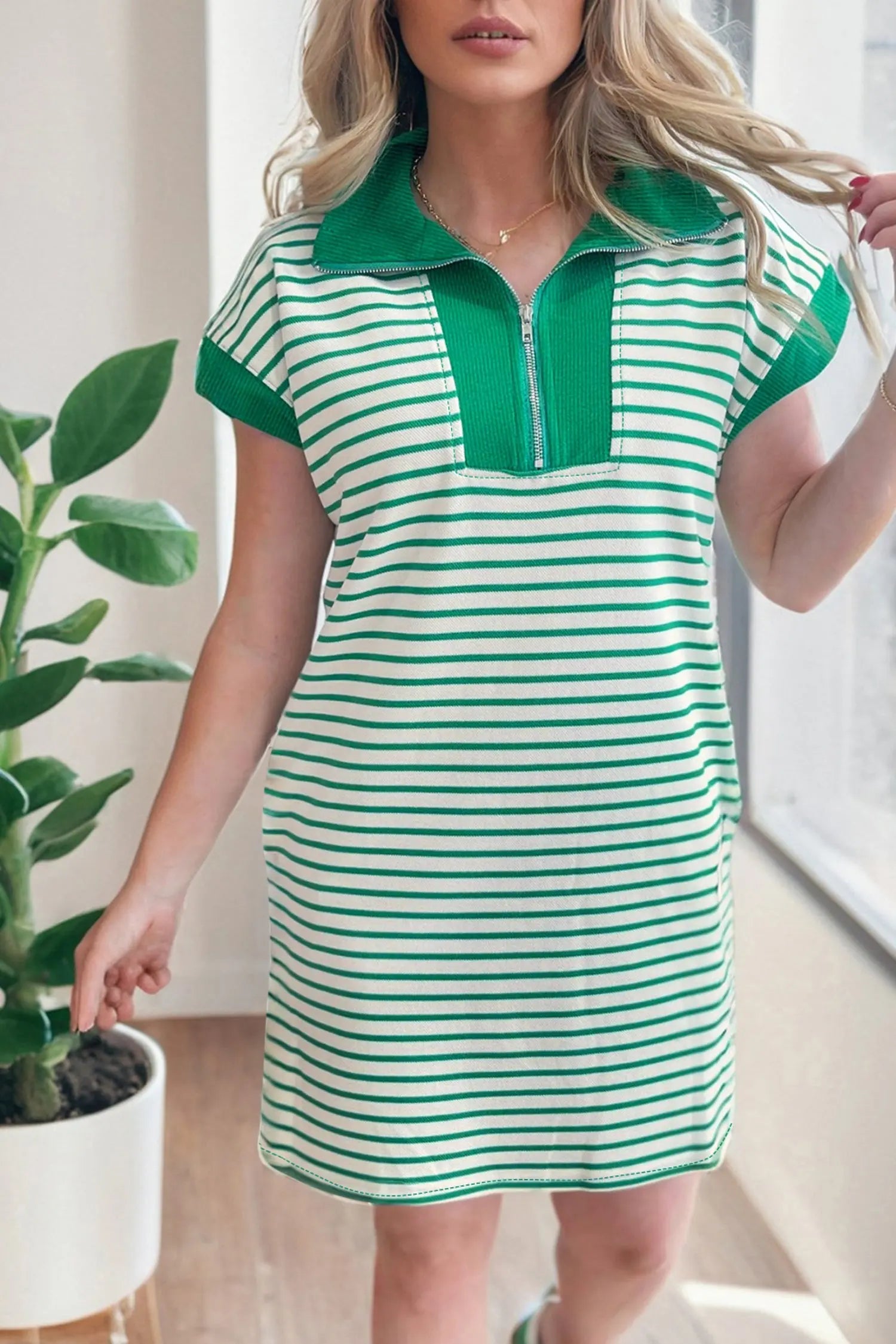 Green Stripe Quarter Zip Polo Collar T Shirt Dress with Pockets Markonline