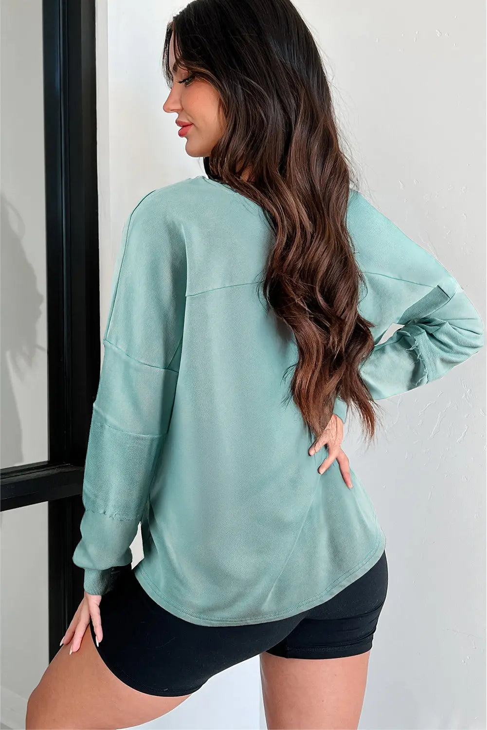 Mist Blue Mineral Wash Exposed Seam Buttoned V Neck Pullover Top Markonline