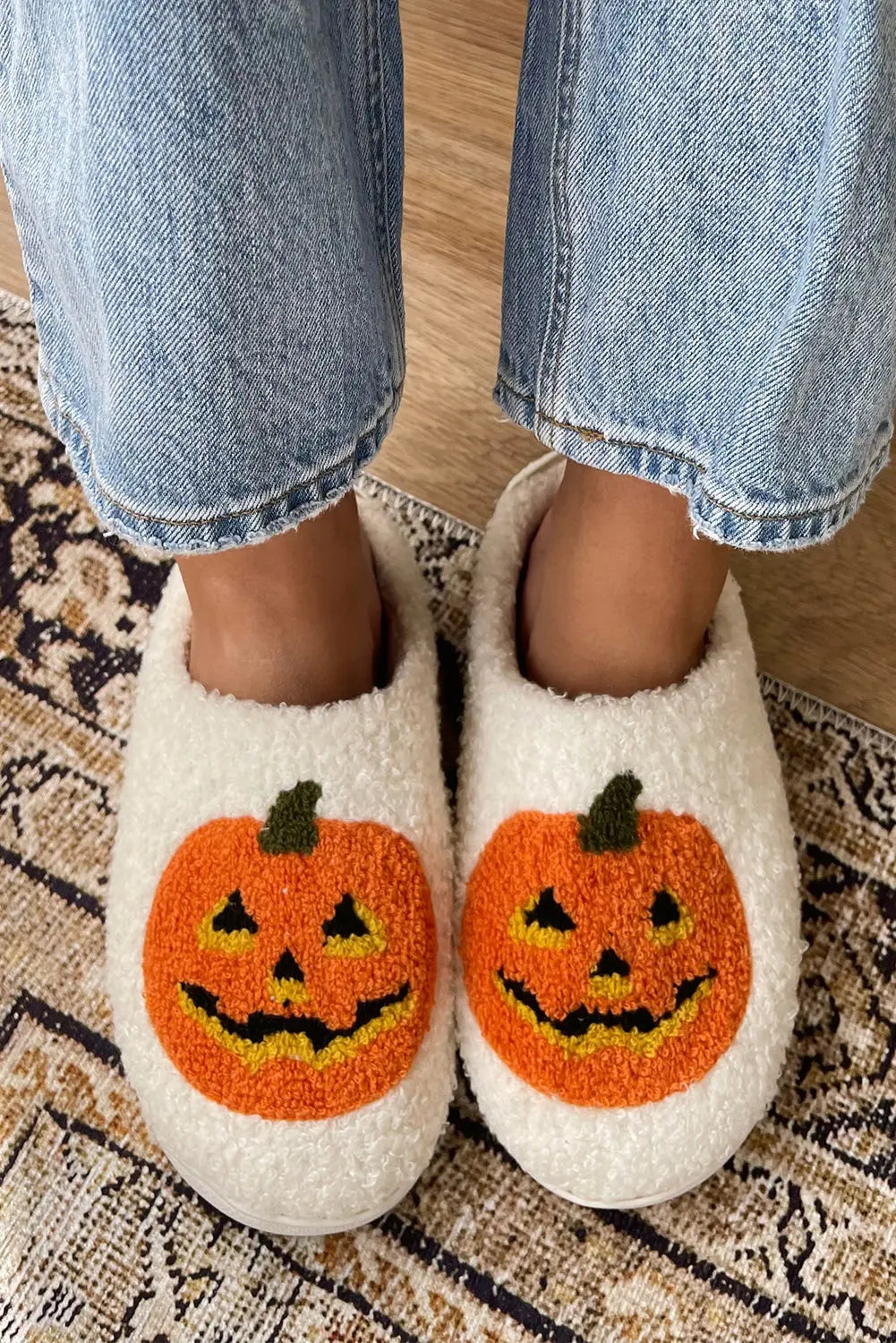 White Halloween Pumpkin Print Plush Slippers (Runs Small, Size Up) Dear-Lover Dropshipping