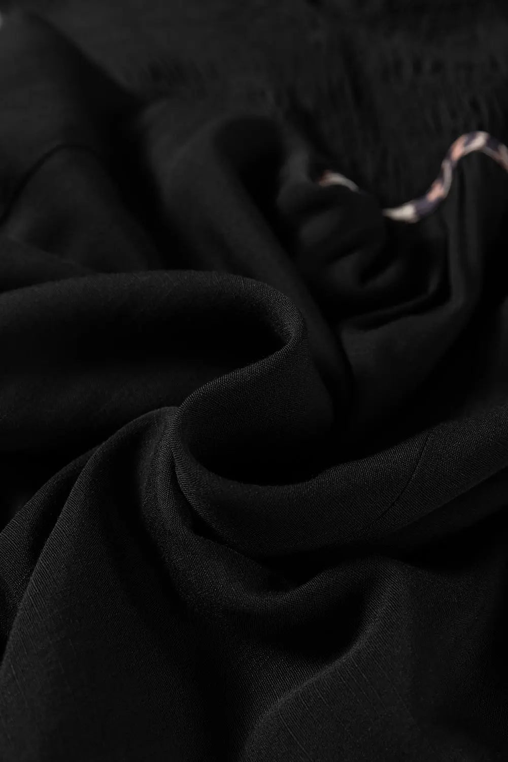 Black Collared V Neck Smocked Detail Contrast Leopard Trim Bracelet Sleeve Long Dress Markonline