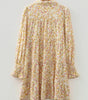 Yellow Floral Print Frilly Trim Smocked Cuff Long Sleeve Loose Shirt Dress Markonline
