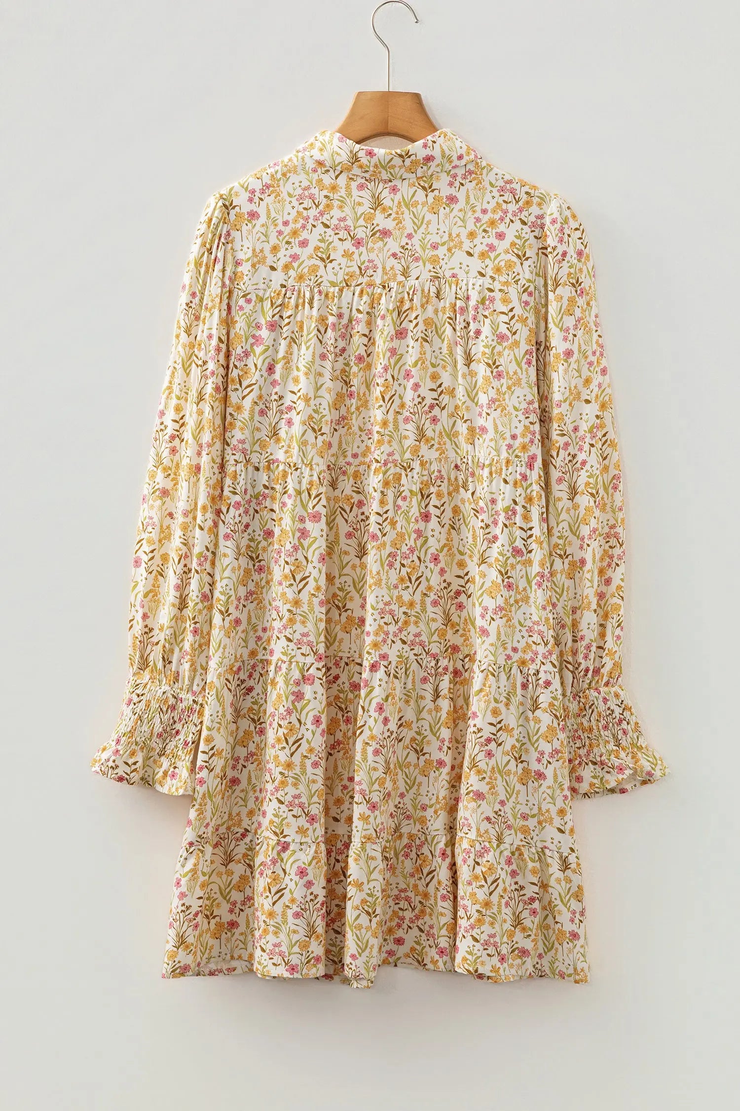 Yellow Floral Print Frilly Trim Smocked Cuff Long Sleeve Loose Shirt Dress Markonline