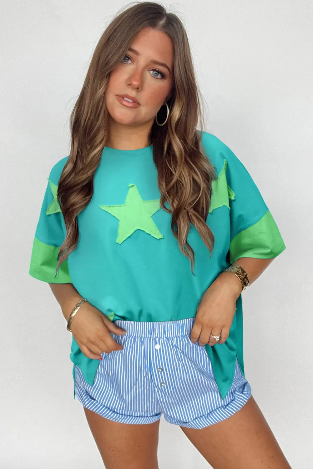 Aruba Blue Frayed Denim Star Patched Oversize T Shirt Markonline