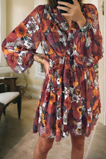 Red Floral Print Wrap V Neck Puff Sleeve Flowy Mini Dress Markonline