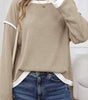 Beige Contrast Color Trim Knit Drop Shoulder Loose Top Dear-Lover Dropshipping