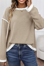 Beige Contrast Color Trim Knit Drop Shoulder Loose Top Dear-Lover Dropshipping