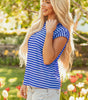 Sky Blue Stripe Ribbed Cap Sleeve Round Neck T Shirt Markonline