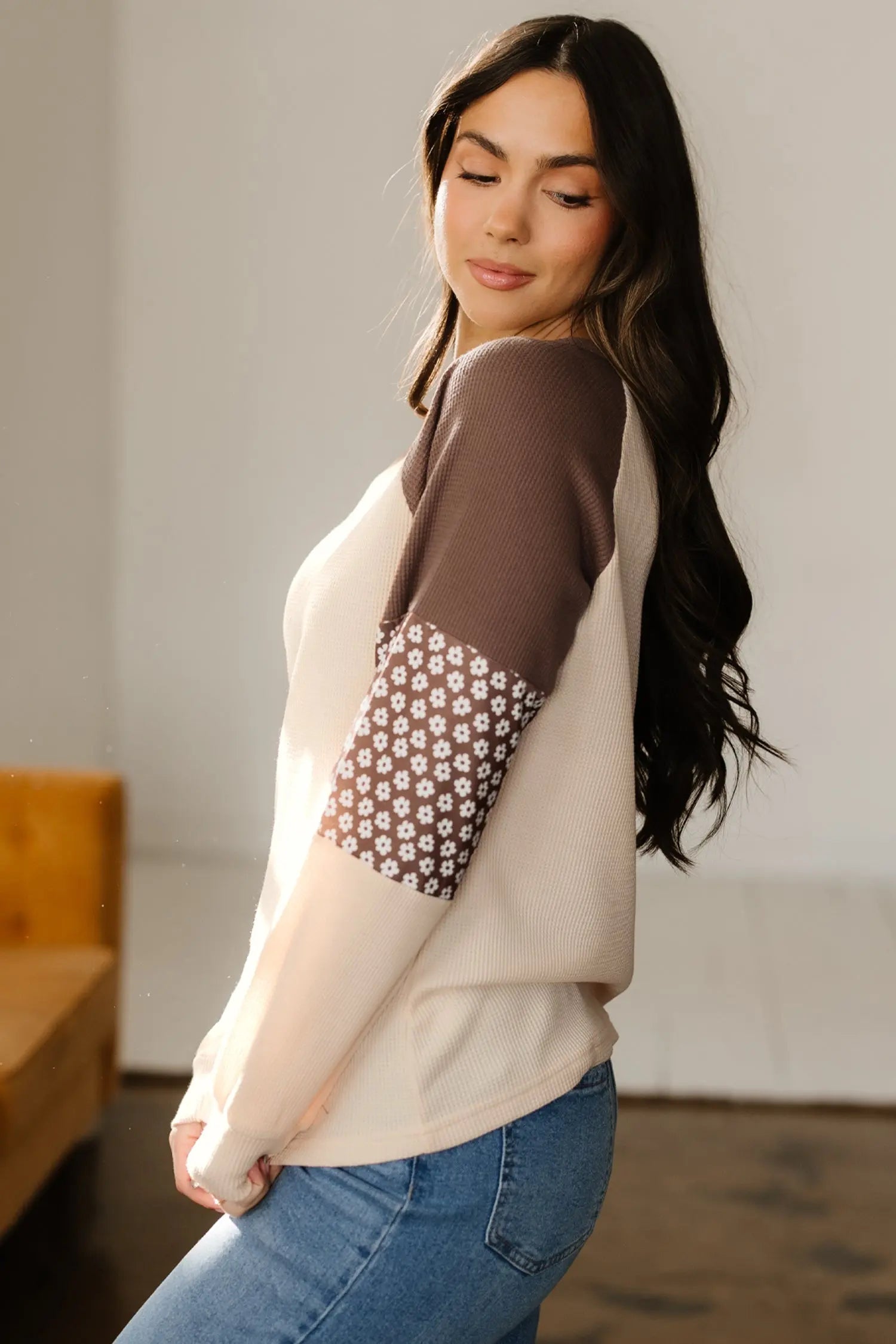 Brown Floral Print Patchwork Color Block Long Sleeve Top Markonline