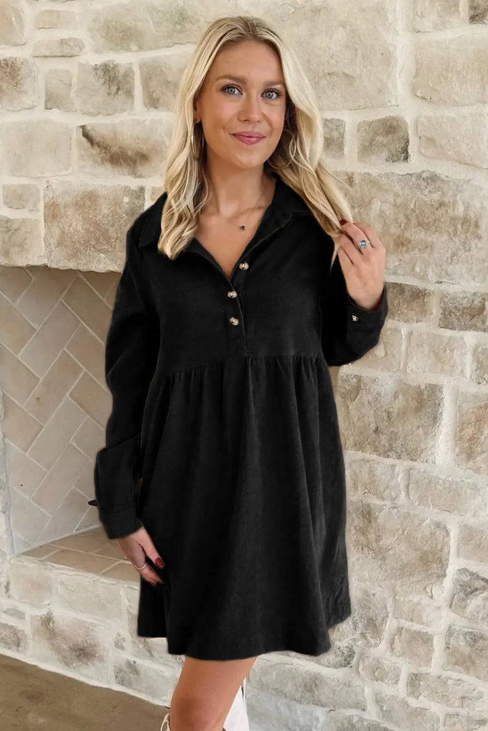 Black Corduroy Half Button Collared Long Sleeve Mini Dress Markonline