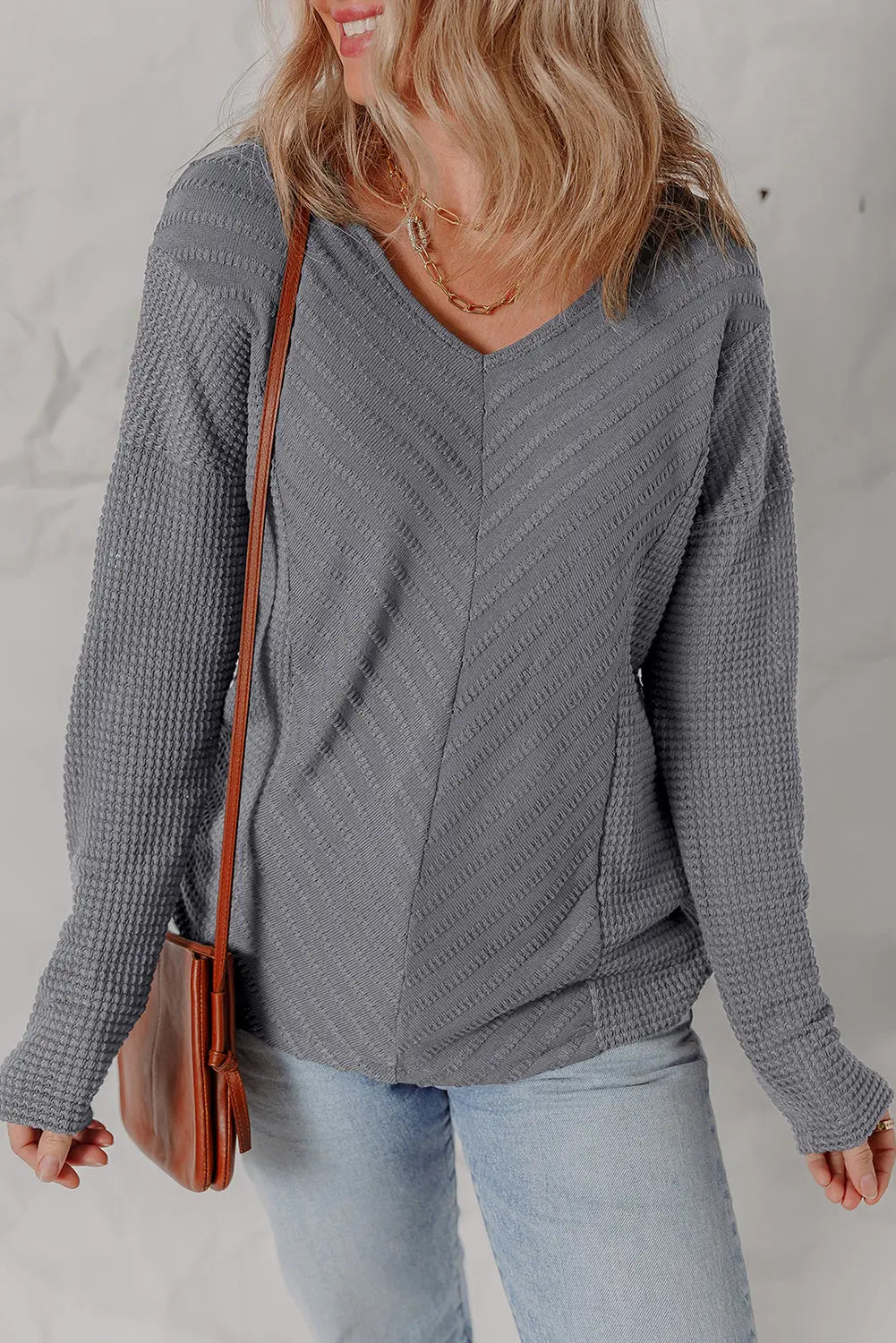 Sleet V Neck Chevron Texture Patchwork Long Sleeve Knit Top Dear-Lover Dropshipping