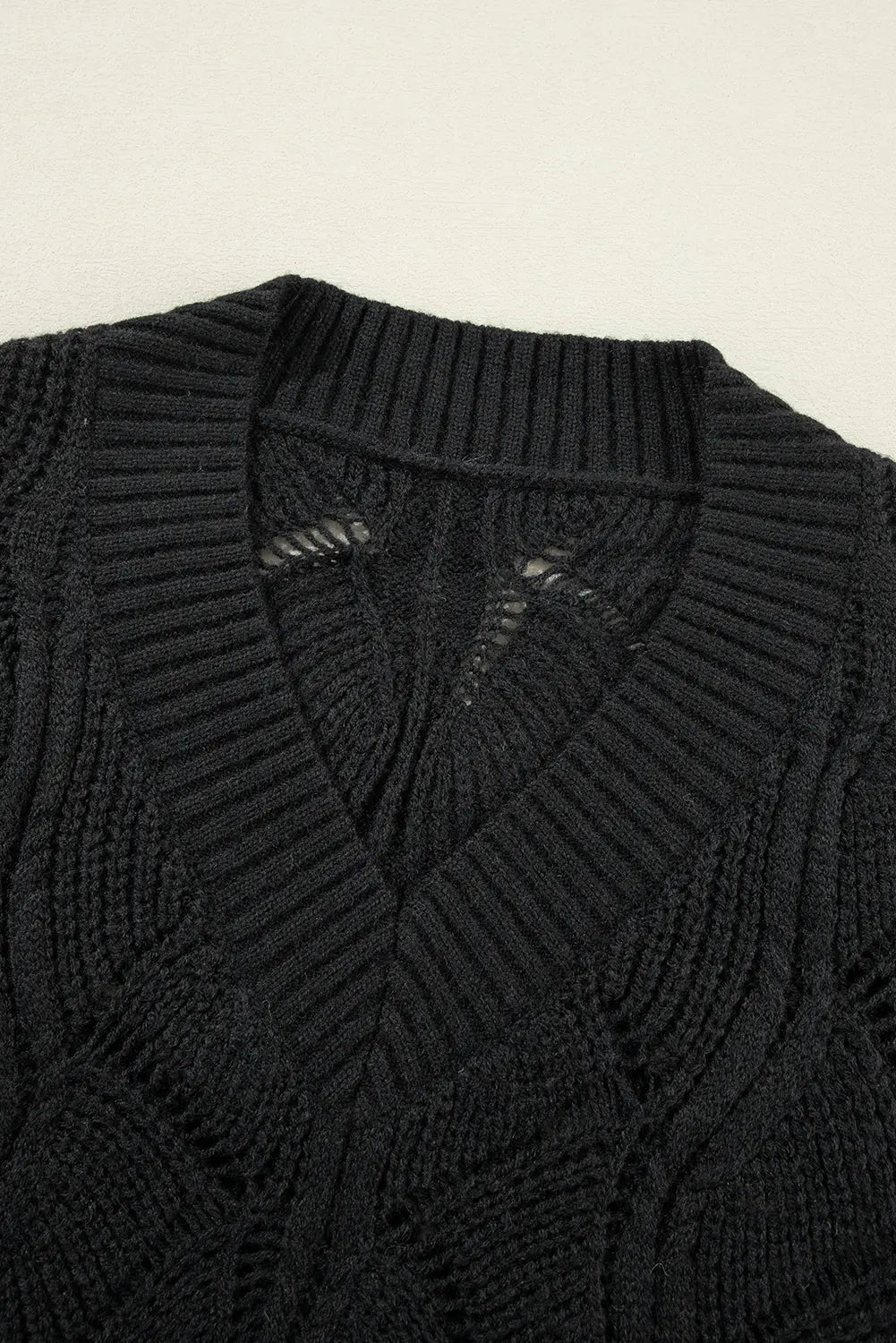 Black Hollow Out Knit V Neck Drop Shoulder Sweater Dear-Lover Dropshipping