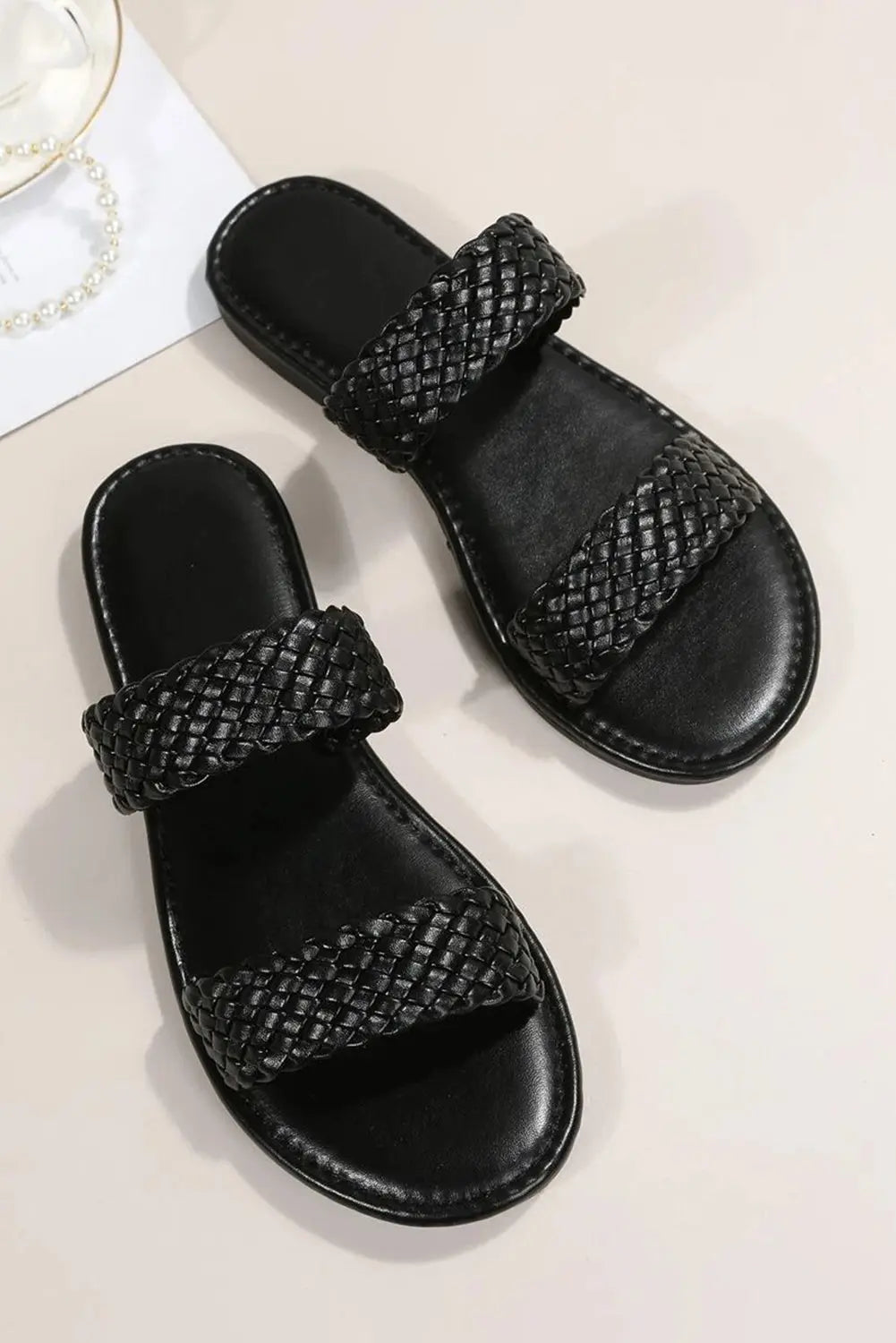 Black Braided Double Band Leathered Flat Slippers Markonline