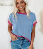 Sky Blue Textured Contrast Trim Round Neck T Shirt Markonline