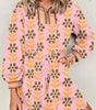Pink Floral Print Zip Neck Striped Patchwork Long Sleeve Drawstring Dress Markonline