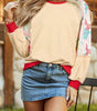 Beige Bowknot Printed Patchwork Raglan Sleeve Colorblock Edge Top Dear-Lover Dropshipping