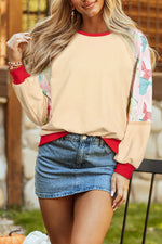 Beige Bowknot Printed Patchwork Raglan Sleeve Colorblock Edge Top Dear-Lover Dropshipping