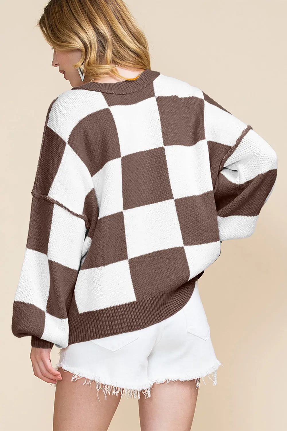 Dark Brown Checkered Bishop Sleeve Sweater Dear-Lover Dropshipping