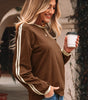 Dark Brown Varsity Striped Accent Contrast Crew Neck Long Sleeve T Shirt Markonline