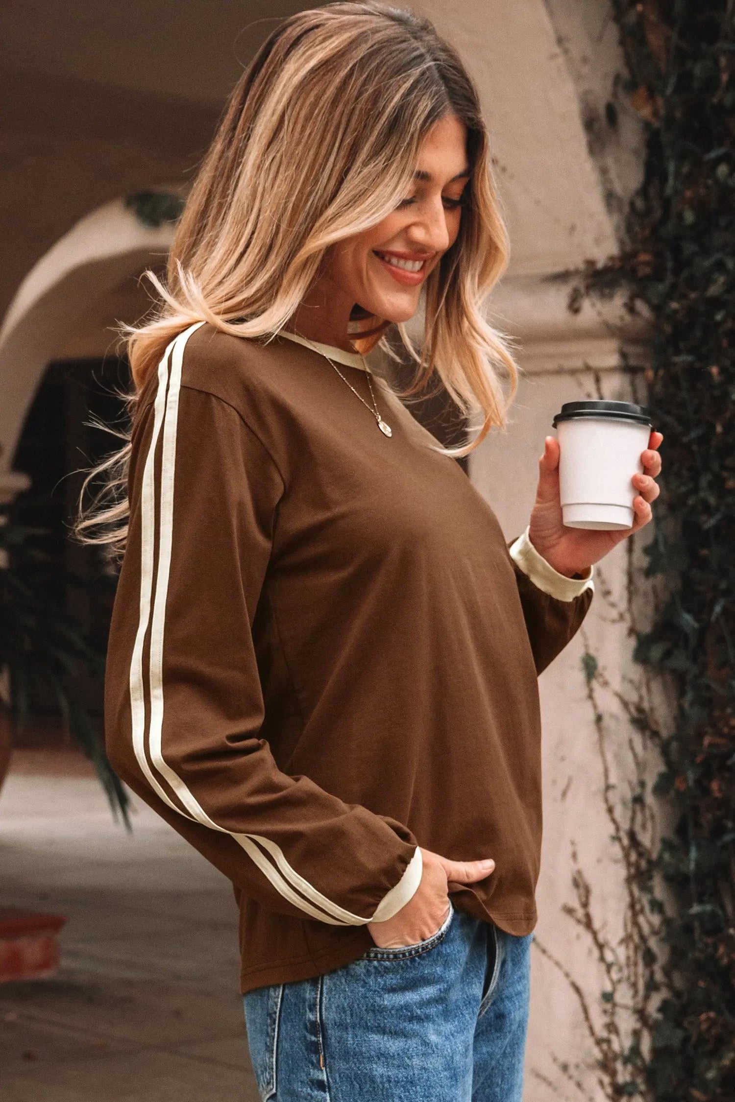 Dark Brown Varsity Striped Accent Contrast Crew Neck Long Sleeve T Shirt Markonline