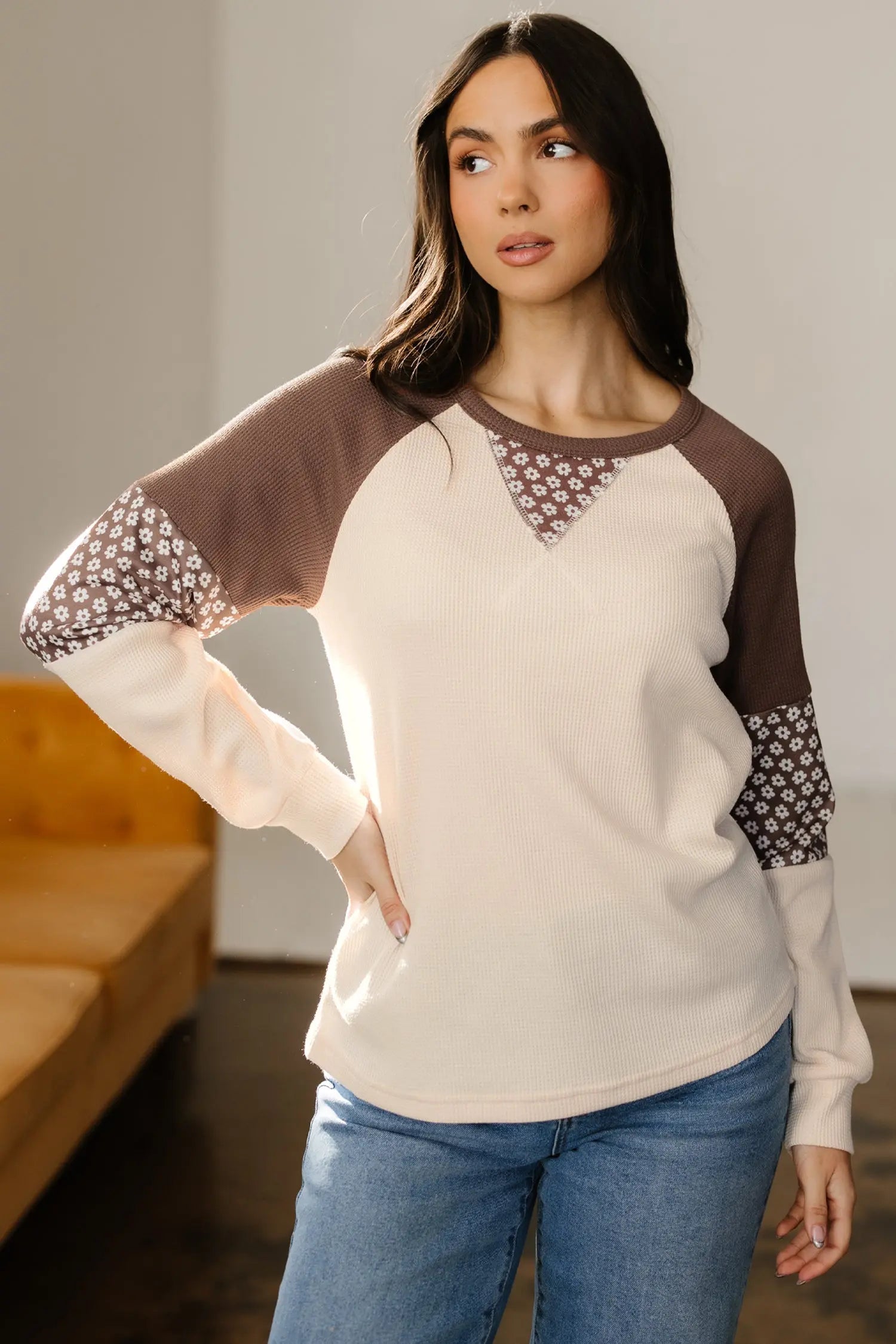 Brown Floral Print Patchwork Color Block Long Sleeve Top Markonline