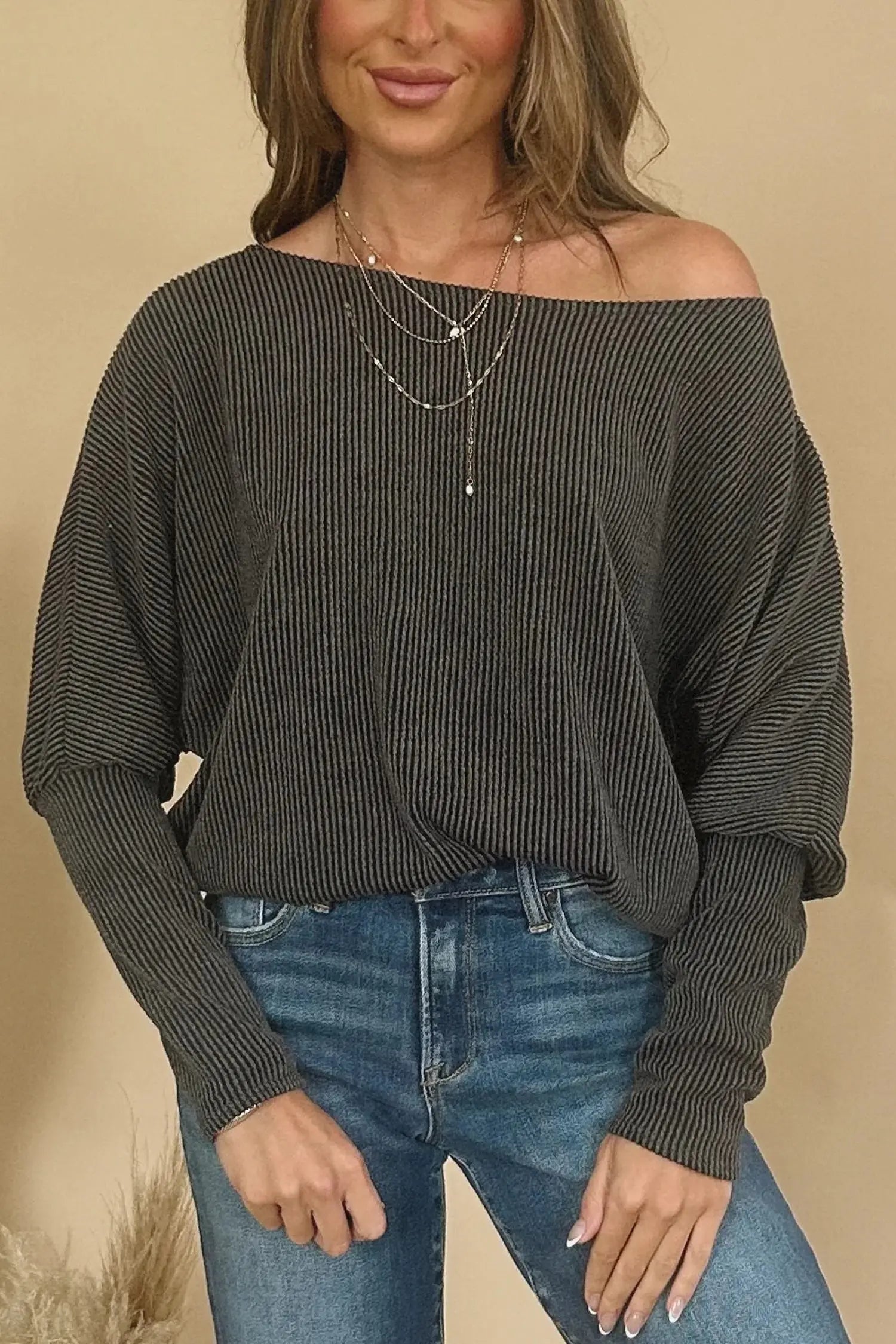 Carbon Grey Twisted Ribbed Dolman Long Sleeve Top Dear-Lover Dropshipping