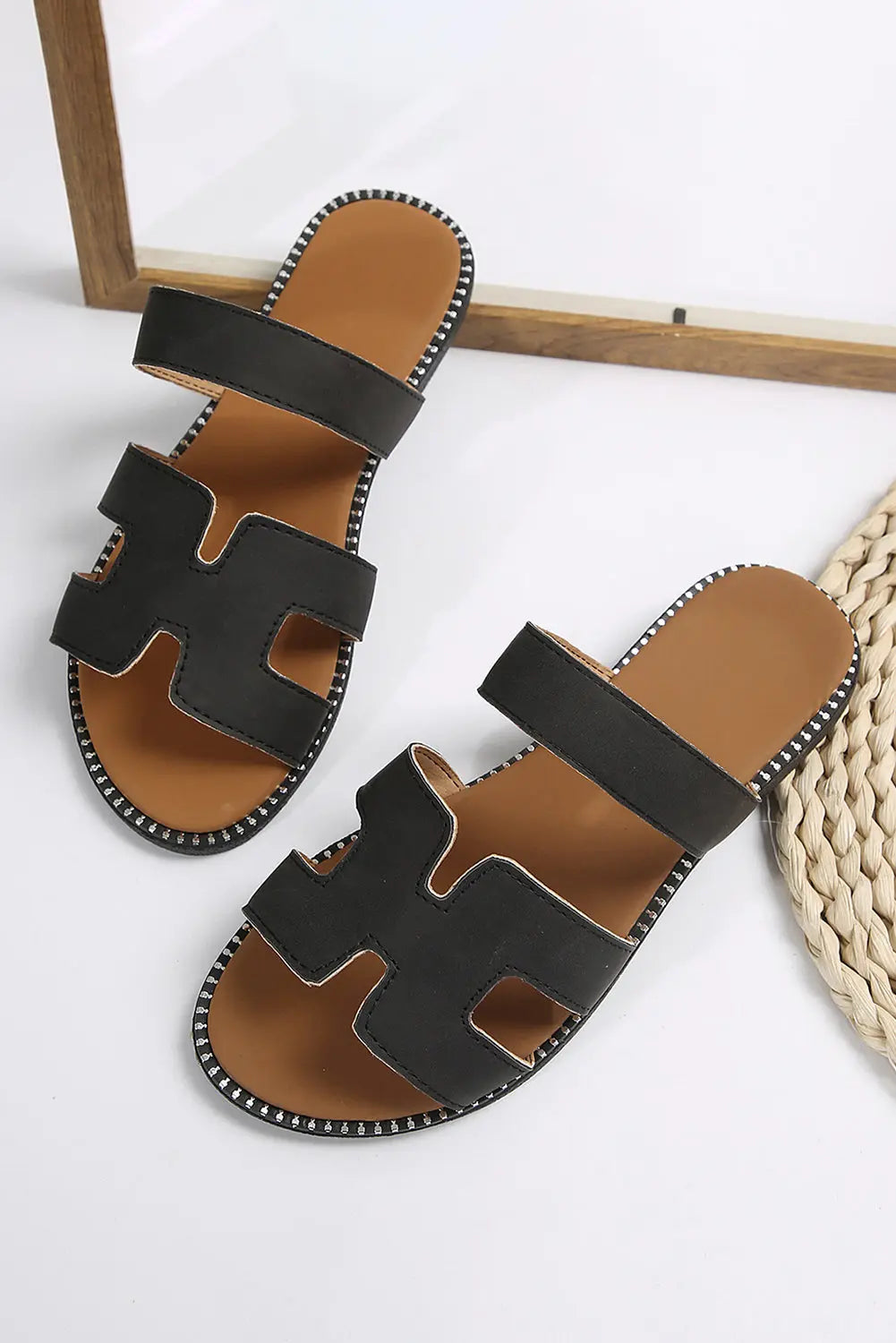 Black Cut Out H Shape Band PU Leather Slippers Dear-Lover Dropshipping